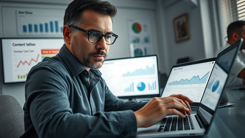 content marketer evaluating blog content and social media marketing effectiveness on analytics dashboards