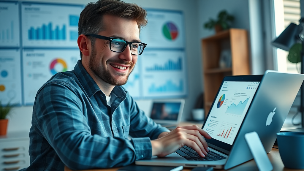 Creative marketer analyzing social media analytics to design email marketing campaign on a laptop in a detailed home office