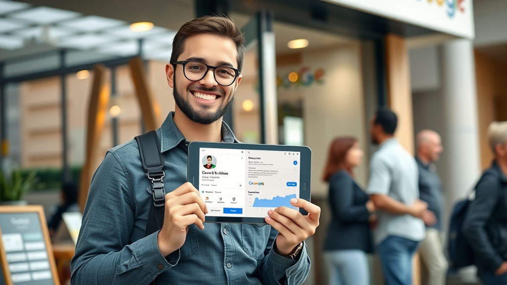 google business profile setup - Small business owner holding device showing Google Business Profile in front of vibrant storefront