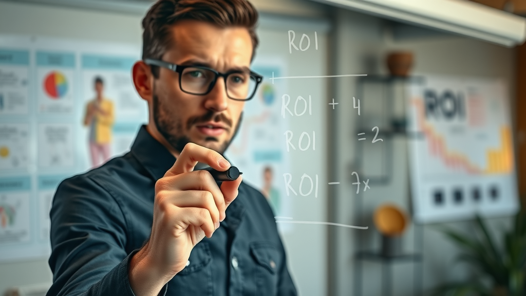 marketing analytics &amp; roi - marketing analyst calculating ROI formulas on a glass board in an agency setting