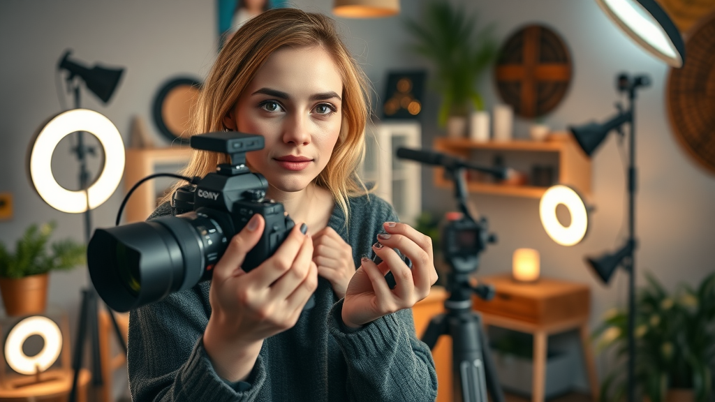 content marketer creating engaging video content and visuals for social media marketing in a cozy studio