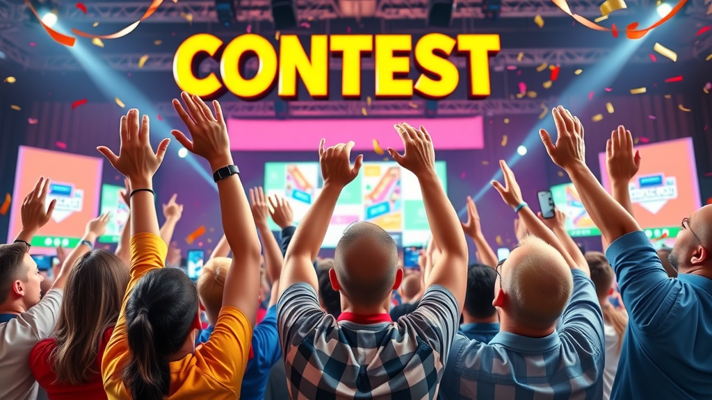 Vibrant contest promotion visual with excited participants celebrating contest success on social media platforms