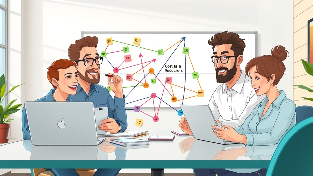 marketing analytics &amp; roi - infographic showing cost reduction paths and marketers collaborating, digital dashboard style
