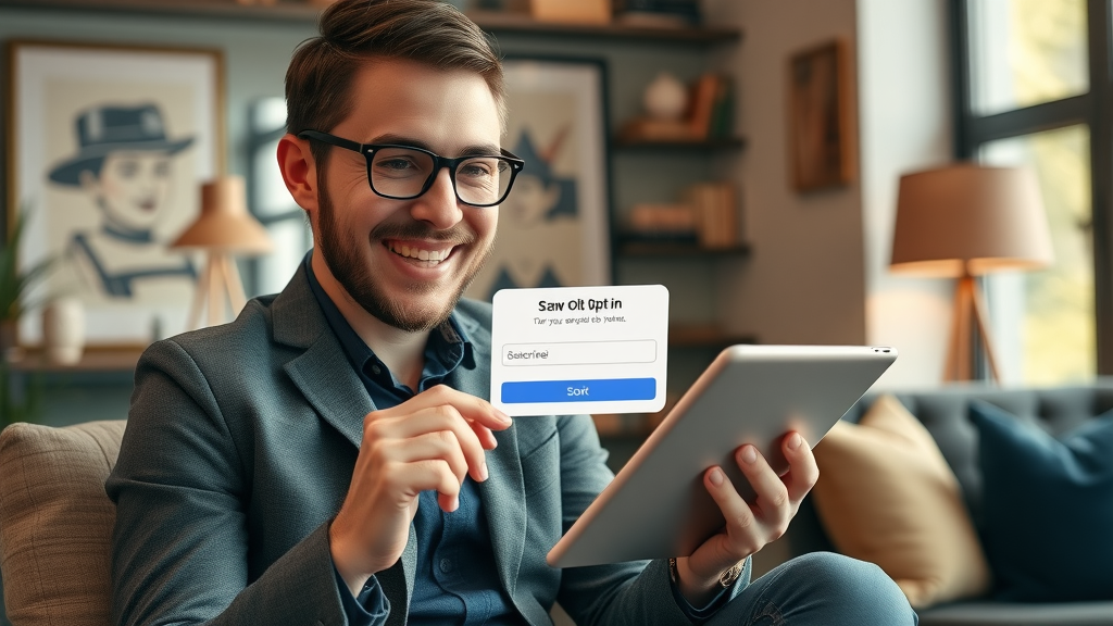 An authentic user enthusiastically opting into a local business email list via tablet, showing real engagement