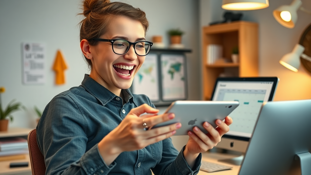 Local service business owner celebrating success and checking notifications after a thriving marketing campaign