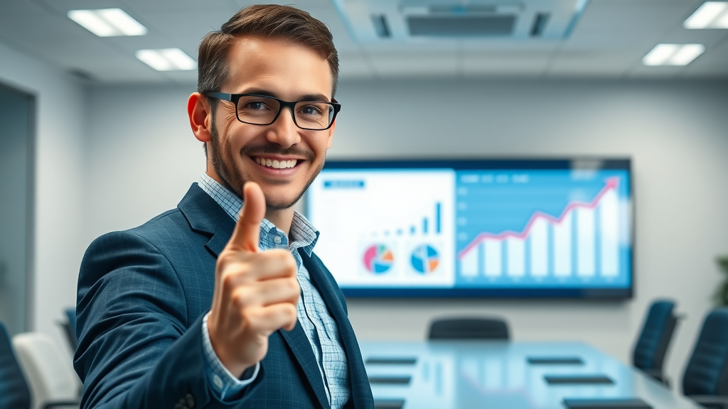 content marketer presenting digital marketing and blog content results on a screen with interactive graphs