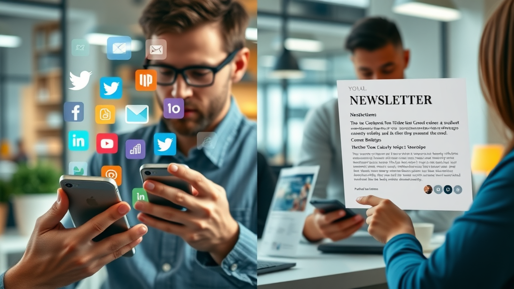 A split-screen visual showing social media icons and smartphones on one side, email inbox newsletters on the other, illustrating social media &amp; email marketing distinctions