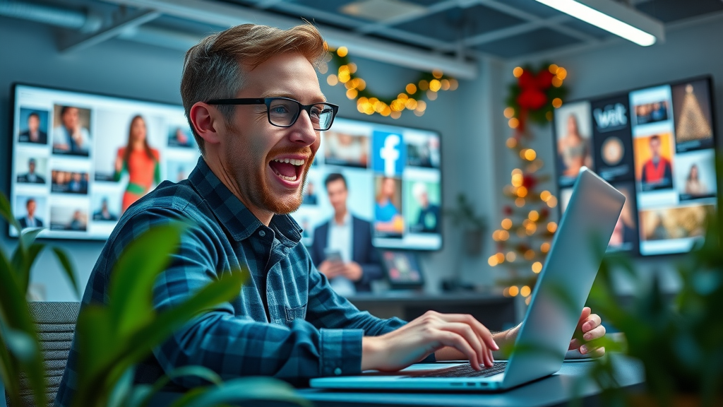 Social media marketer planning festive seasonal &amp; promotional marketing content for campaigns