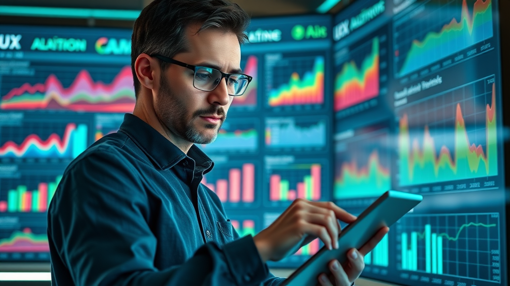 Marketing analyst reviewing seasonal campaign performance dashboard with KPIs and colorful charts