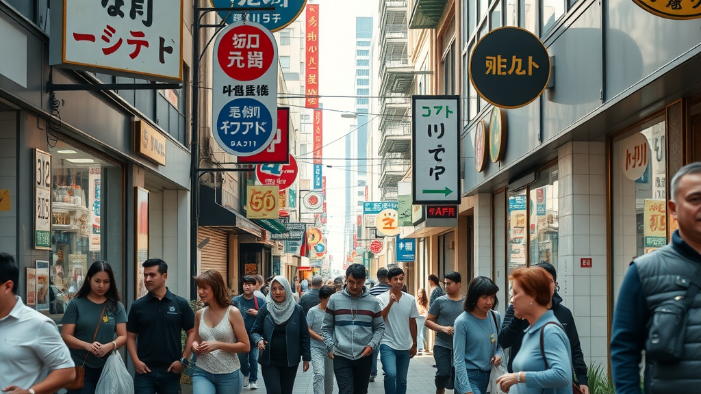 local seo & online visibility - Dynamic city street bustling with people, business storefronts, and owners interacting with customers