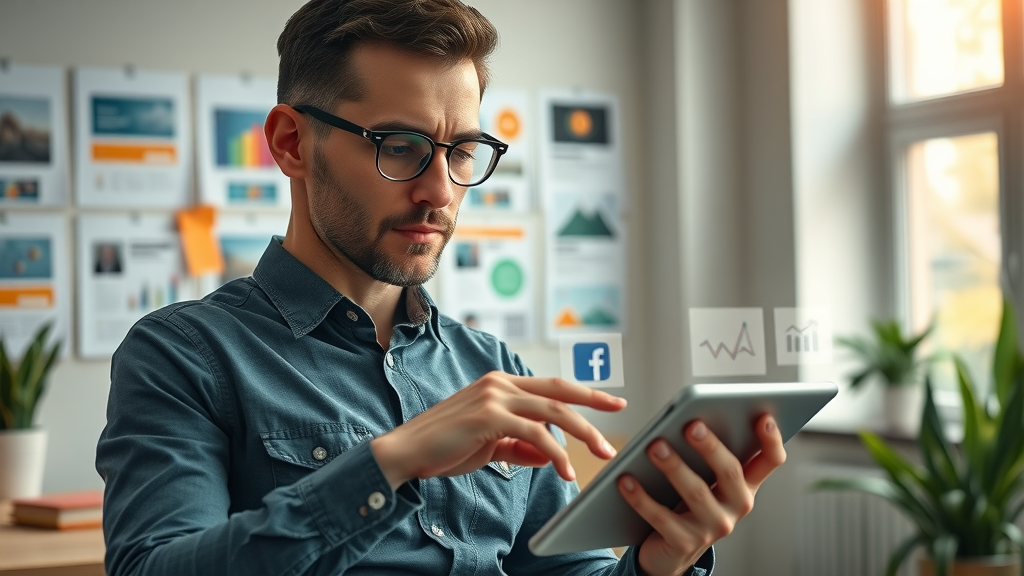 Social media manager planning campaigns and analyzing digital marketing data on a tablet in a bright, modern workspace