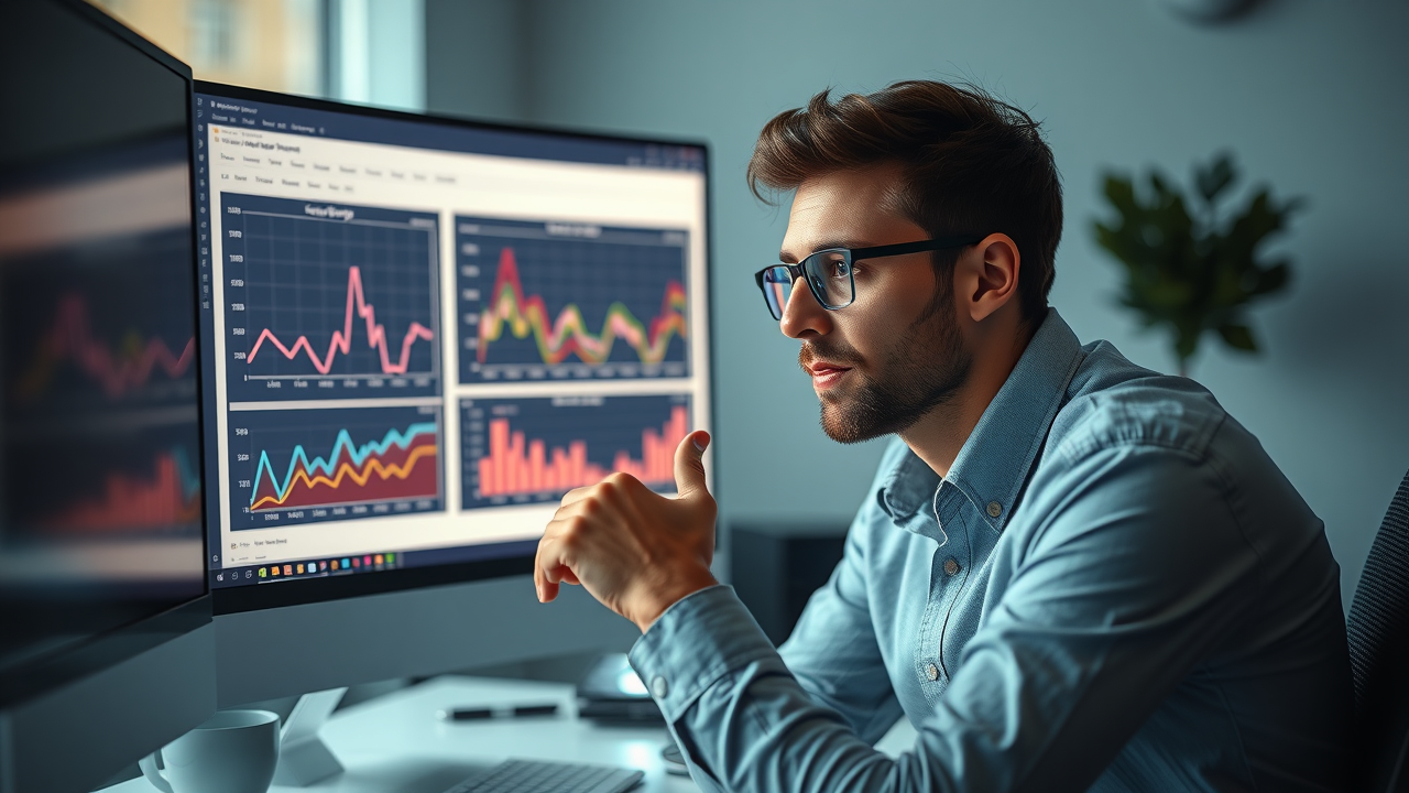 Focused marketing analyst comparing A/B results for email campaigns and social media ads on a high-tech split-screen display