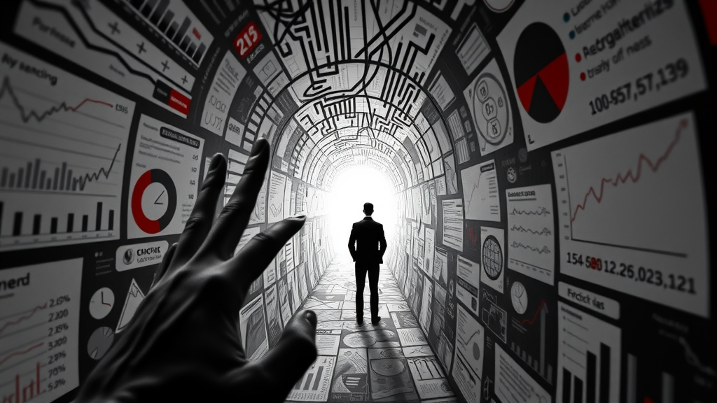 marketing analytics &amp; roi - marketer navigating confusing metrics maze; conceptual business pitfall illustration