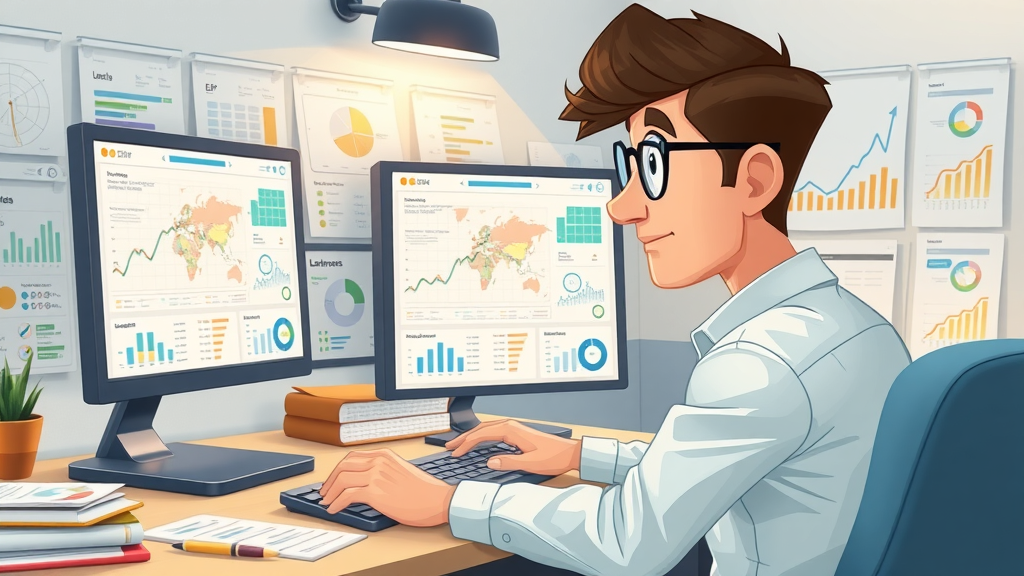 local keywords - Digital marketer researching local keywords on dual monitors with animated charts and reports