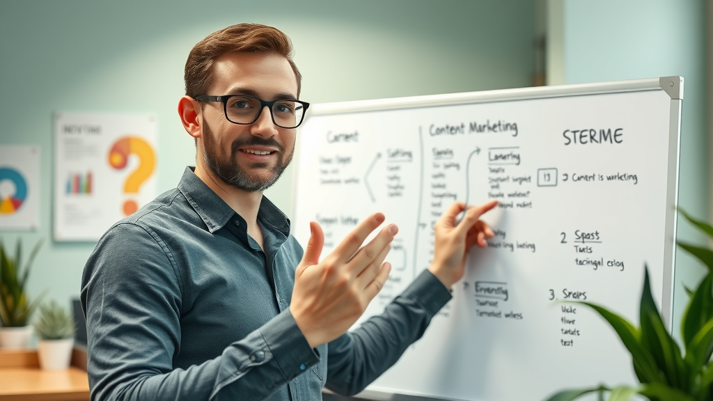 content marketer mapping out content marketing strategy steps on a whiteboard in a creative office