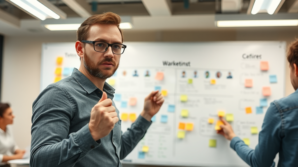 Digital strategist mapping integrated content marketing strategy for blog content and video