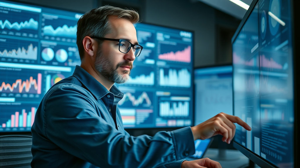 Analyst reviewing social media and email marketing performance dashboards and charts