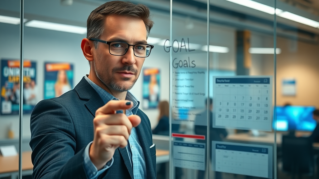 Marketing manager setting strategic seasonal &amp; promotional marketing goals on a glass board