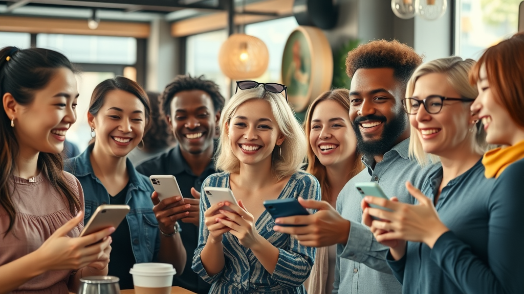 Diverse group of happy customers giving testimonials for social media and email marketing campaigns in a lively, digital cafe setting