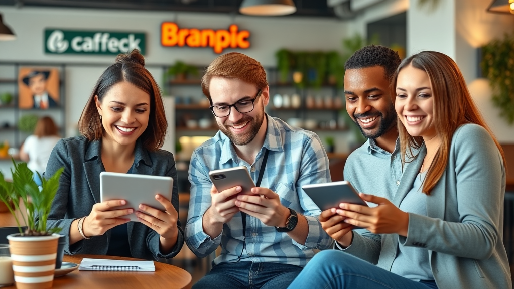 Local business owners collaborating on social media &amp; email marketing strategies in a modern café