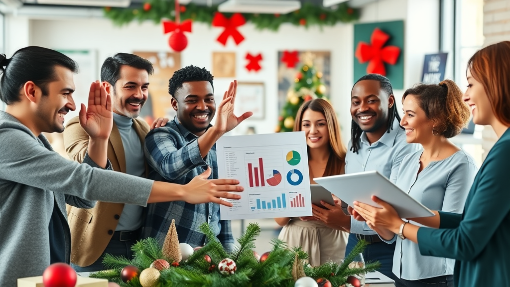 Diverse business owners collaborating on seasonal &amp; promotional marketing strategies in a festive office setting