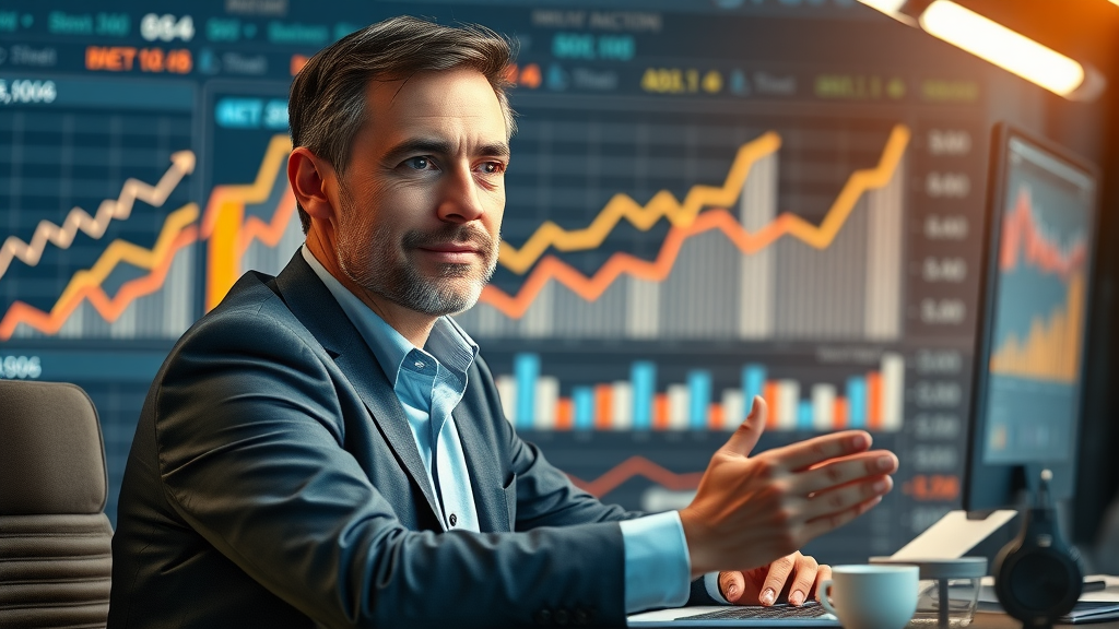 Business owner reviewing analytics dashboard for social media and email marketing campaigns with upward trending graphs and email icons