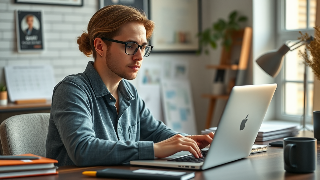 content marketer reviewing content marketing & blogging strategy on laptop in a creative home office