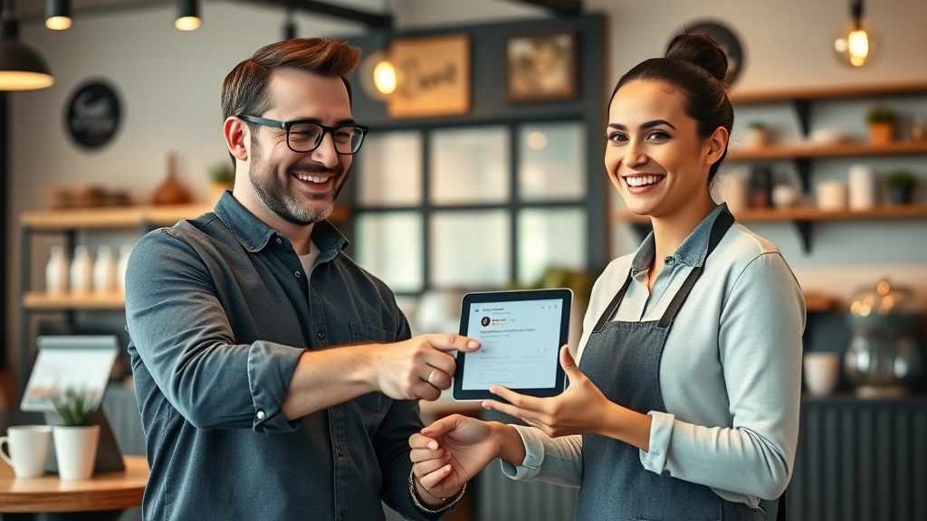 customer reviews - Business owner and happy customer shaking hands, displaying positive online review on tablet