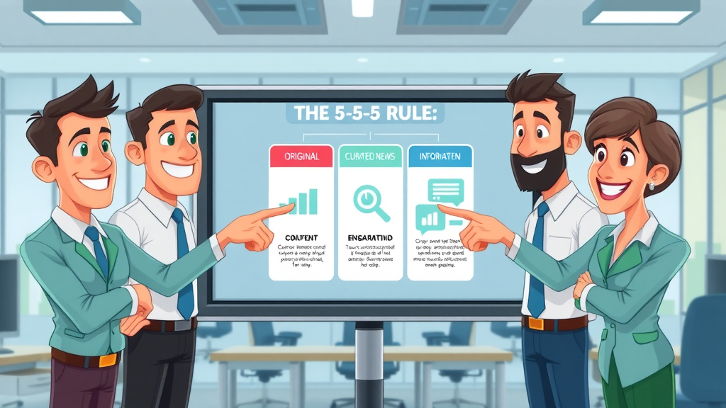 Infographic illustration of the 5 5 5 rule for social media, showing columns for original content, curated news, and engagement