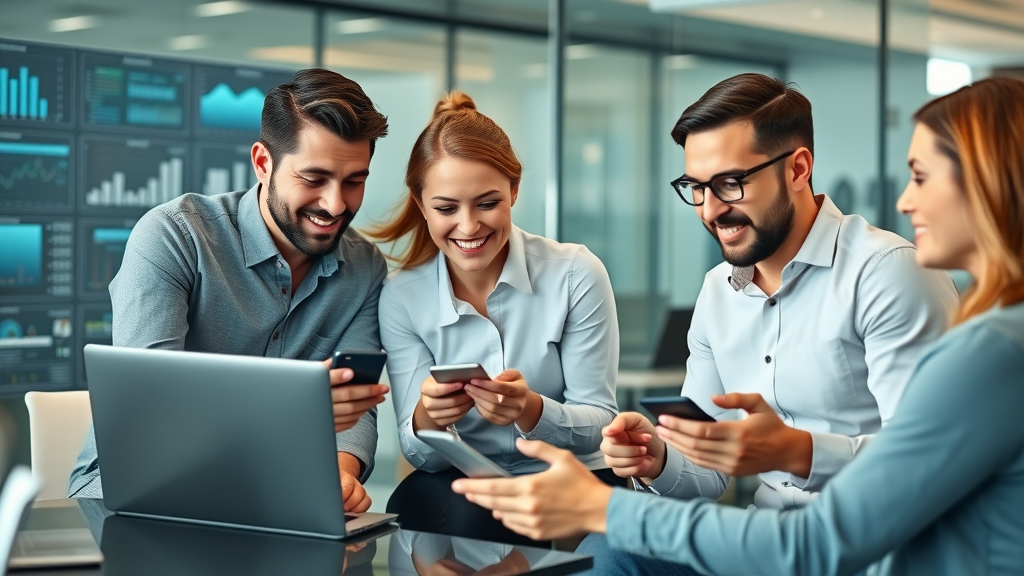 Dynamic business team collaborating on social media & email marketing strategies in a modern office with digital dashboards