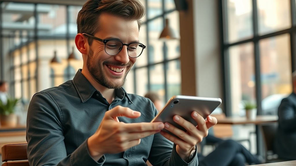 Happy customer reading a personalized email marketing campaign on their phone in a vibrant urban coffee shop