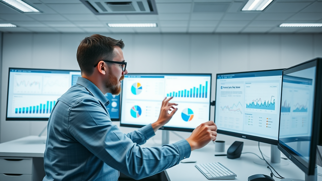 marketing analytics &amp; roi - digital dashboard setup with marketer configuring widgets in a modern office