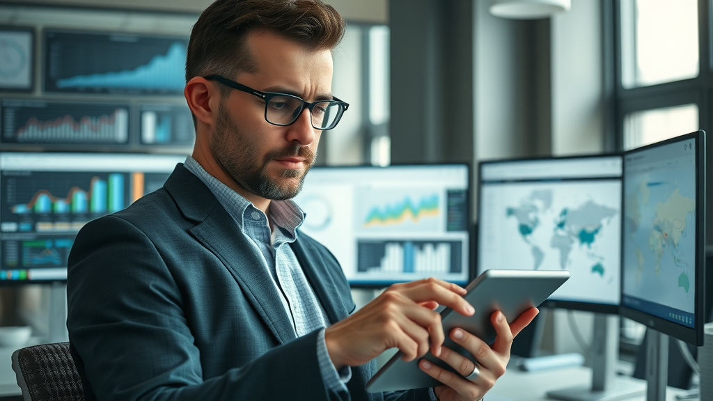 local seo & online visibility - Business owner analyzing local SEO analytics on digital tablet in professional workspace