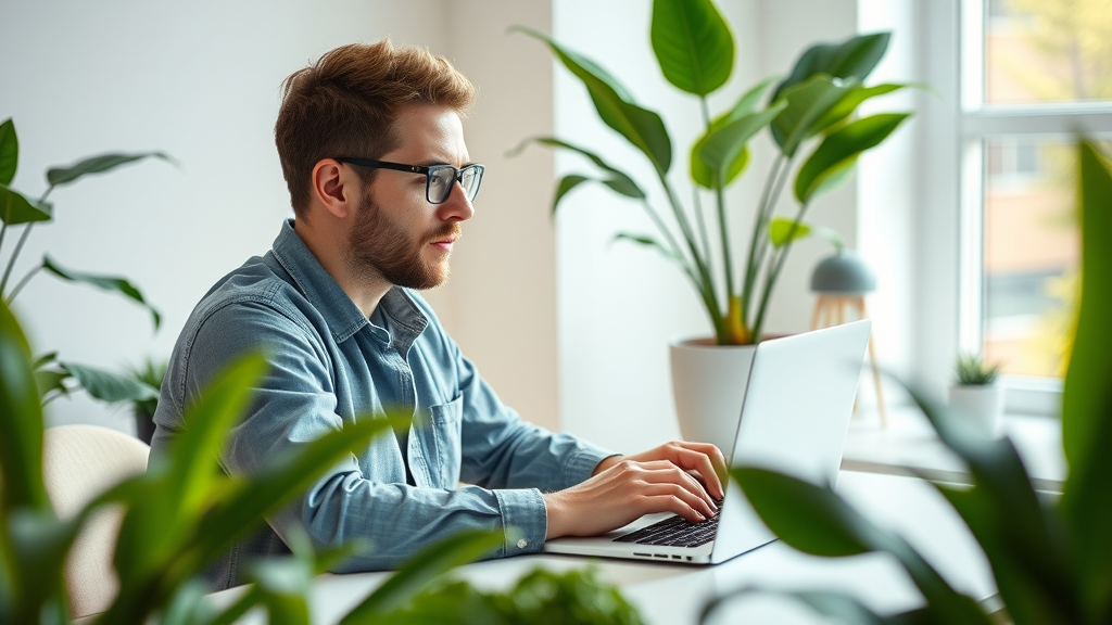 Creative marketer adjusting email layout for higher open and click rates, surrounded by digital graphics and plants